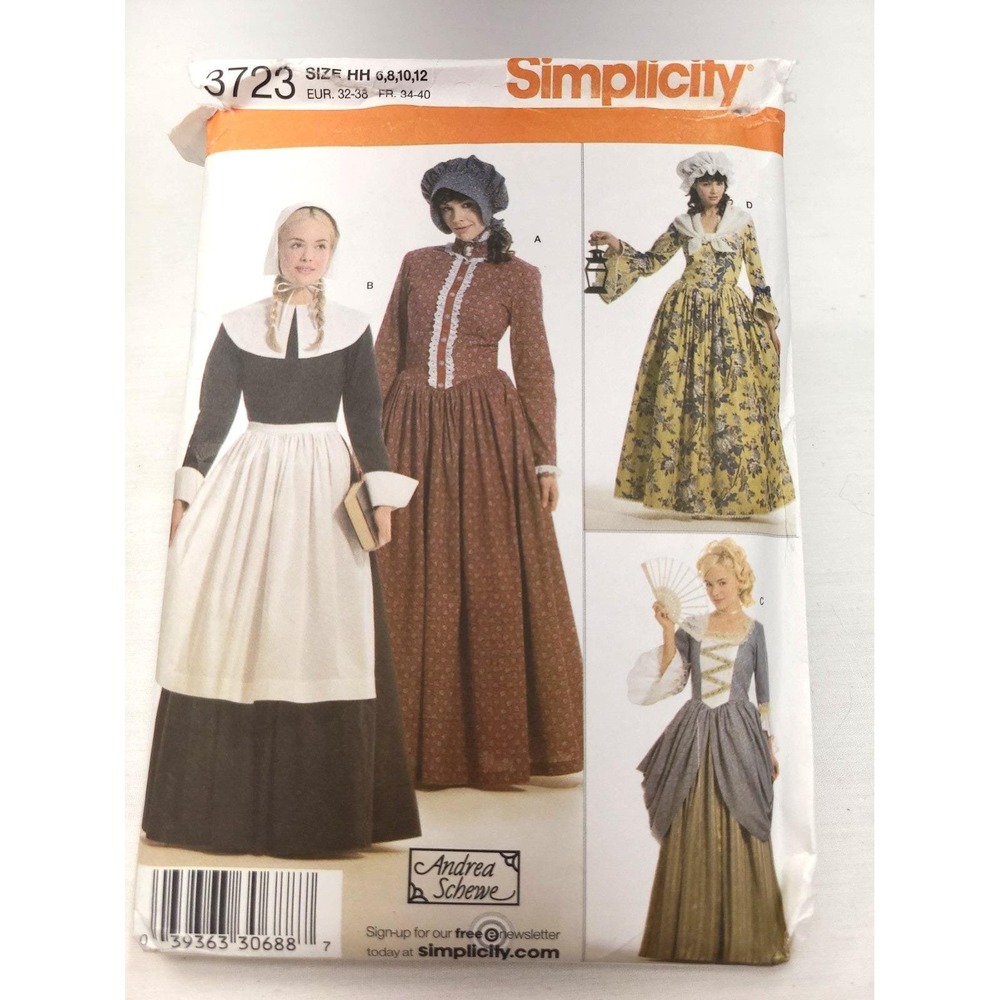 Simplicity 3723 Costume Colonial Early American Women Prairie Dresses Size 6-12